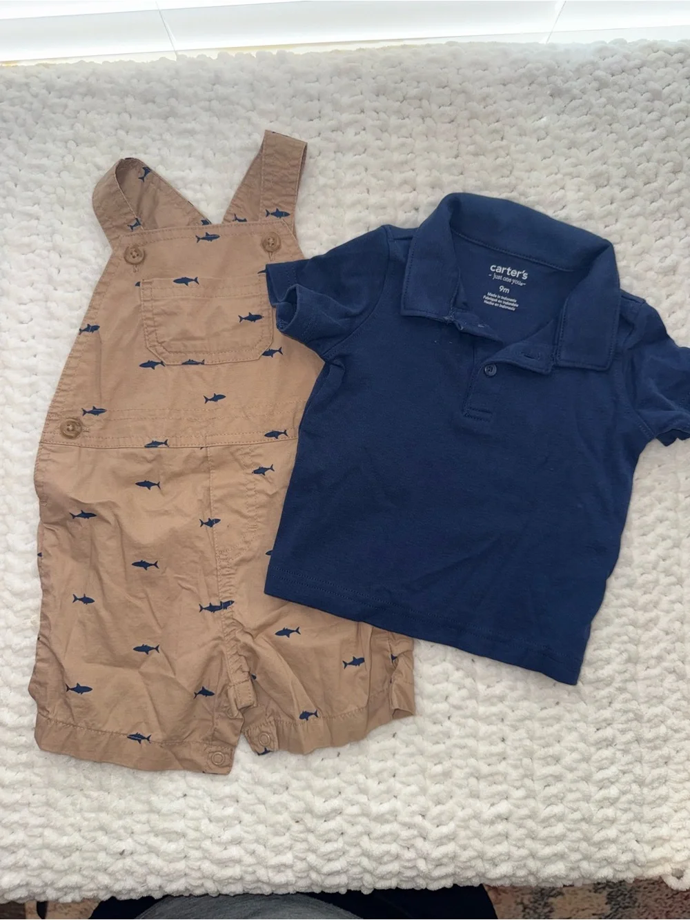 Carter's Navy Polo and Tan Shark-Print Overalls
